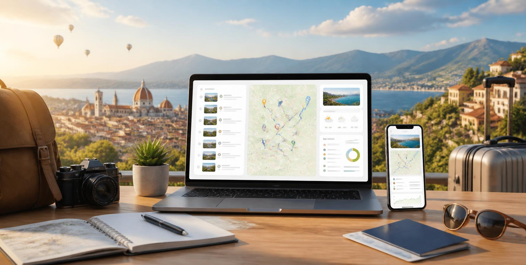 Trip planner workspace with laptop showing a travel itinerary, map and boarding pass