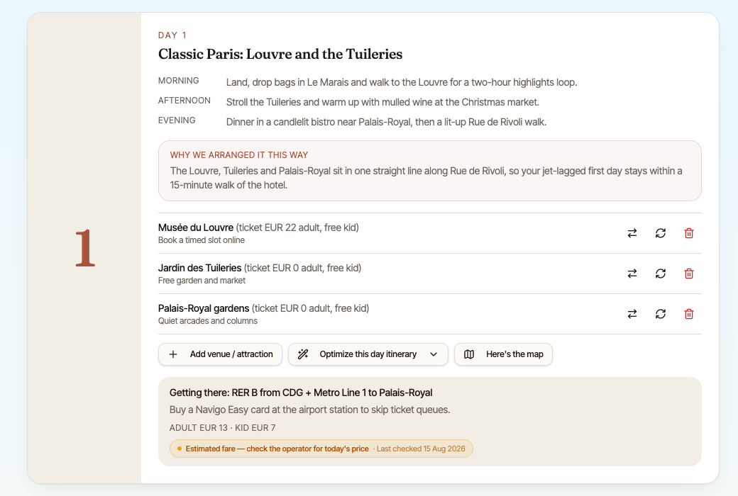 AI generated day-by-day travel itinerary and planner for Paris - Day 1