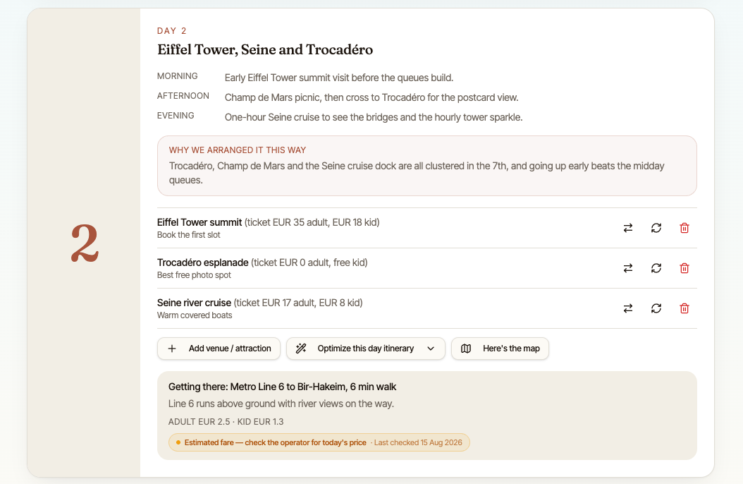 Example day 2 of AI travel itinerary showing activities, tickets, and transport